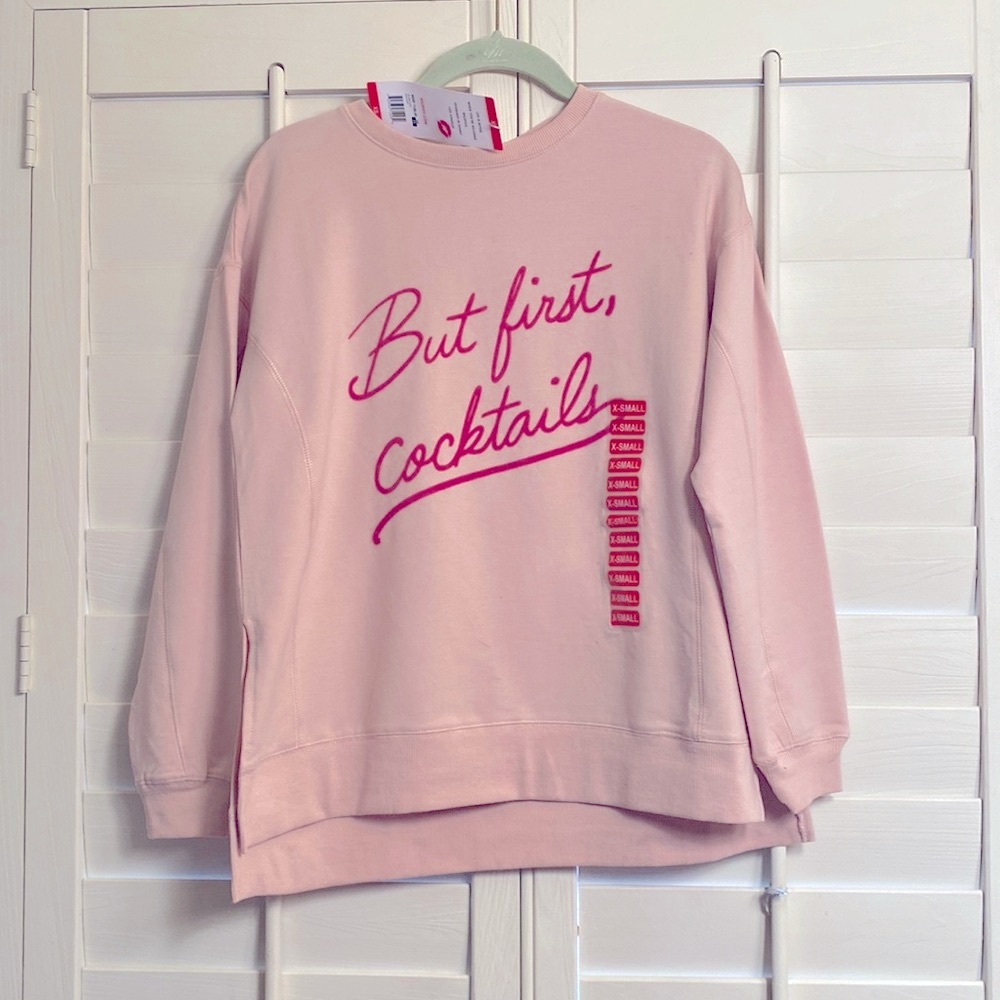 "But first cocktails" Wild fox pink sweatshirt.Extra small